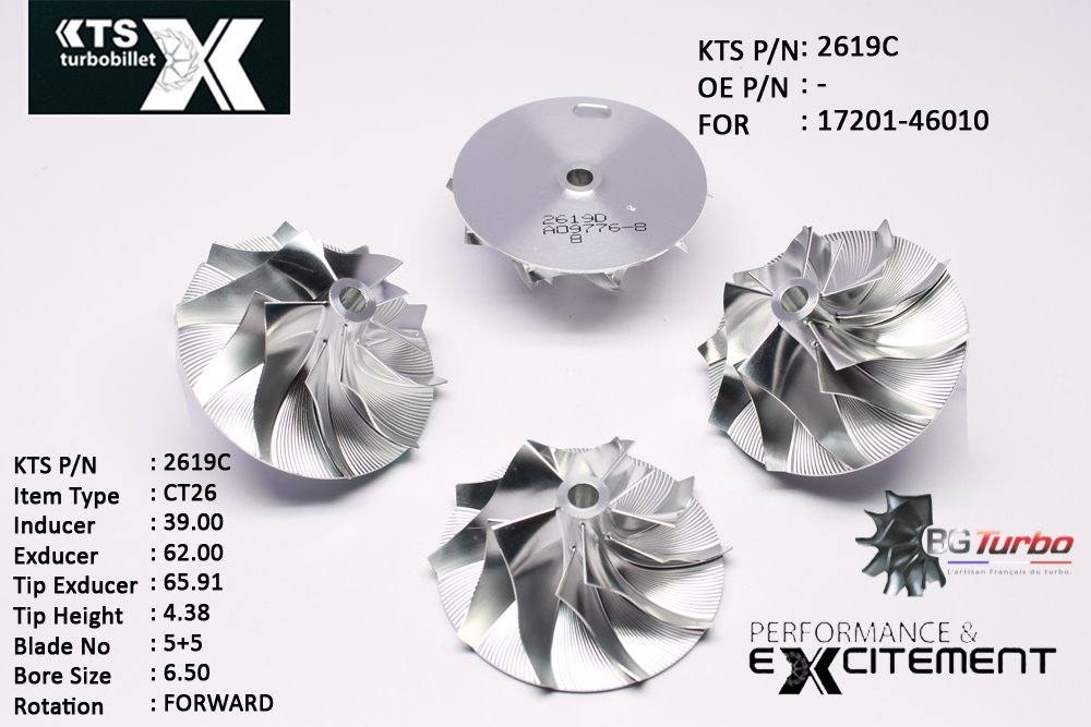 Turbo ROUE FORGÉE MFS PERFORMANCE - 5+5 PALES - INDUCER : 39 - EXDUCER : 62 - TYPE : CT26ANGLE : 55° - ROTATION : Forward - SUPER BACK : 0,6 - BORE SIZE : 6,5
